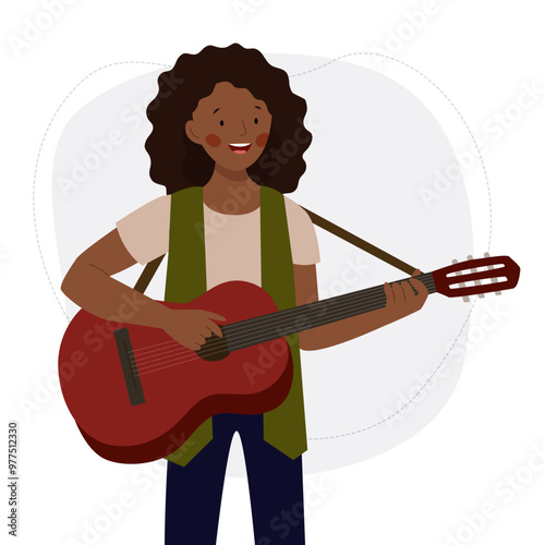 The african girl plays the guitar and sings. A woman musician stands with a guitar. Vector flat illustration.