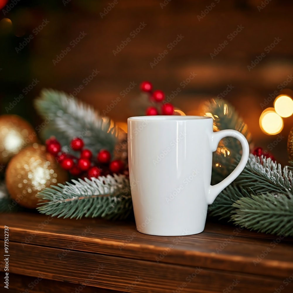 Christmas White Mug Mockup, A white coffee mug sits on a table next to a christmas tree. Christmas White Mug Mockup, A white coffee mug sits on a table next to a christmas tree.