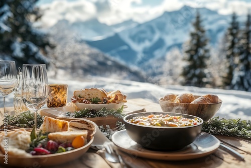 Delicious hot food and drinks served on table for outdoor dinner party in snowy mountains photo