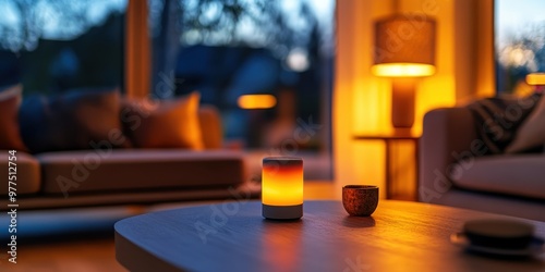 A cozy living room scene with soft lighting, featuring a candle on a table and a comfortable sofa, perfect for relaxing evenings.