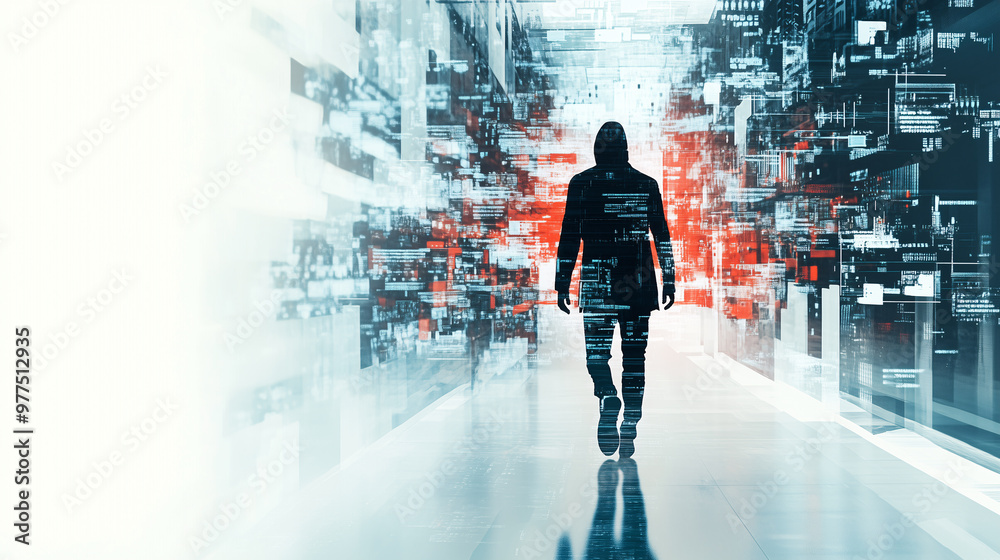 Fototapeta premium Hacker is walking through an abstract digital data flow