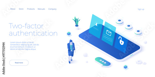 2 factor authentication isometric vector illustration. Digital service or app with laptop unclocked via sms and touch id scanning. Personal information and device security concept