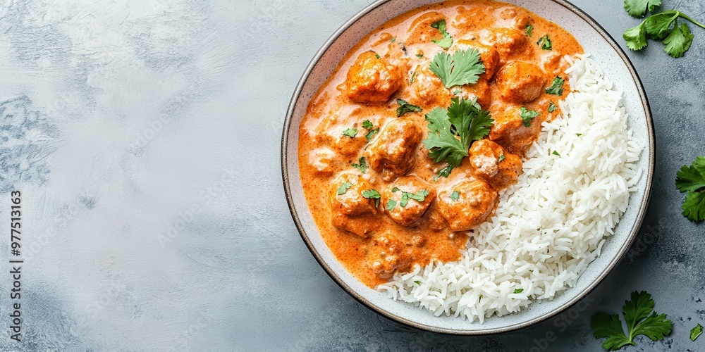A delicious bowl of chicken curry served with fluffy white rice and garnished with fresh cilantro, perfect for any meal.