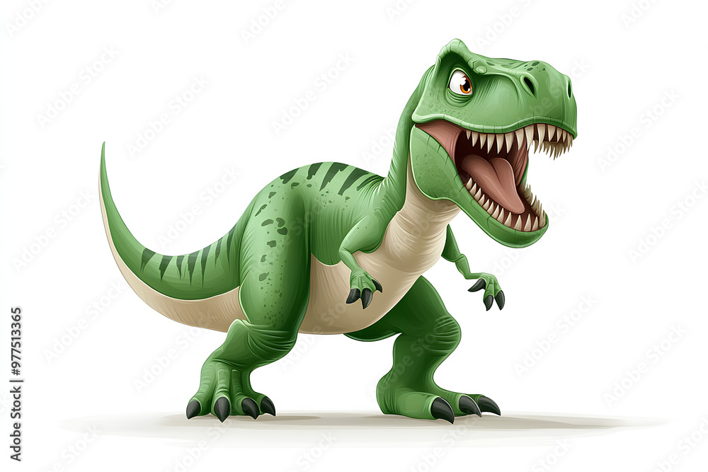 Fototapeta premium A cartoon-style green dinosaur with a fierce expression and sharp teeth.