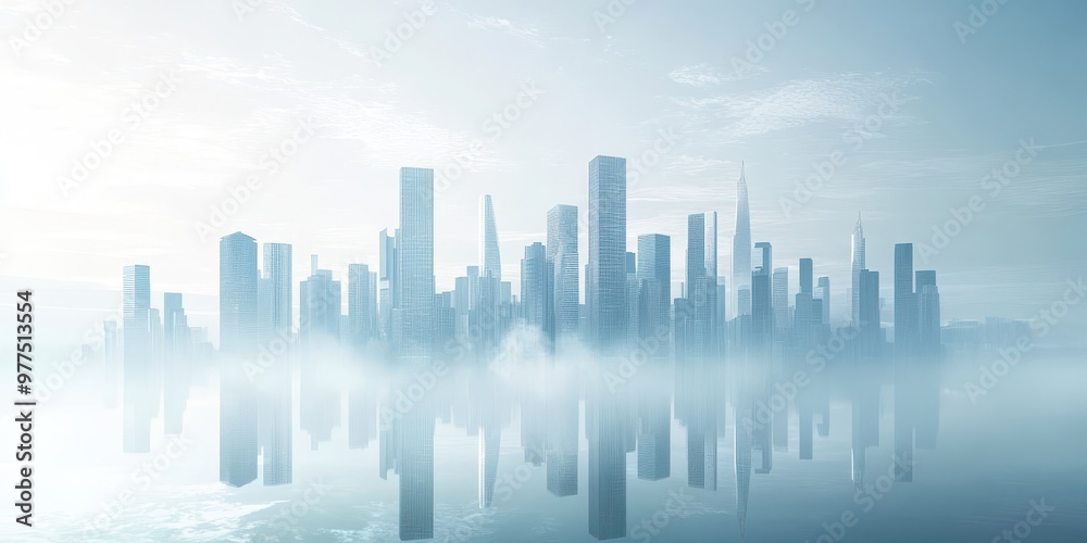 A dreamy cityscape emerging from the mist, showcasing modern skyscrapers and a serene atmosphere. A dreamy cityscape emerging from the mist, showcasing modern skyscrapers and a serene atmosphere.