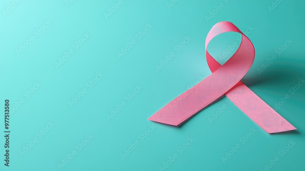 A breast cancer pink ribbon resting on a simple solid teal background, with soft shadows and smooth lighting. Focus on the ribbon. No people.