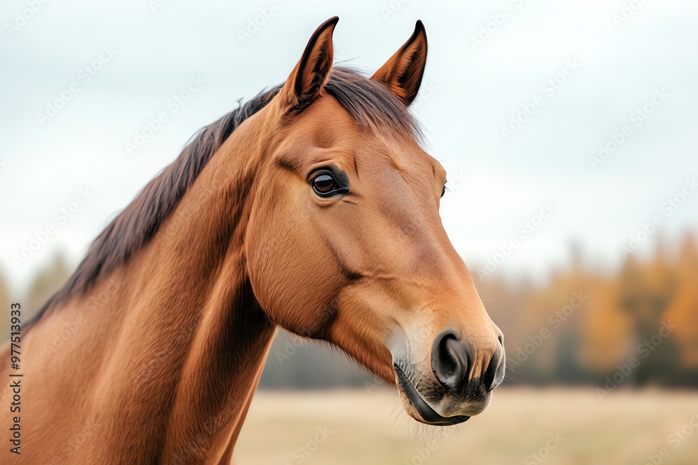 Fototapeta premium A beautiful chestnut horse stands majestically, showcasing its elegant features against a soft, blurred background of nature.