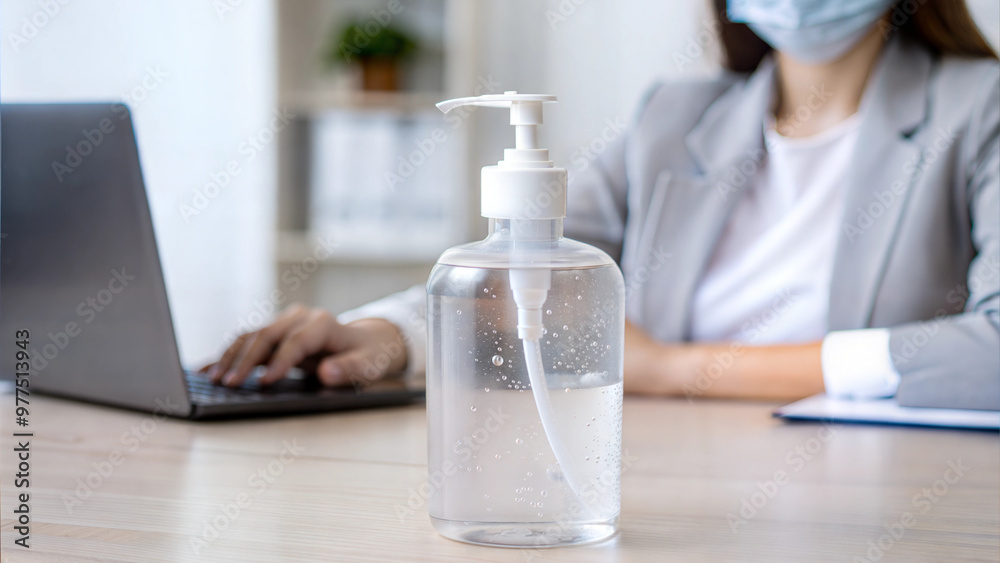 Fototapeta premium Hand sanitizer bottle on desk in office setting during covid pandemic