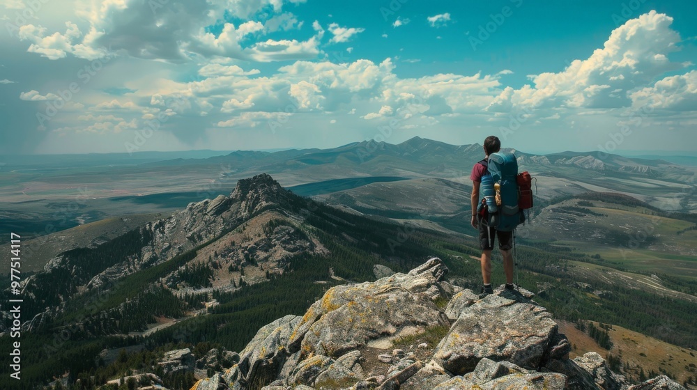 Fototapeta premium A hiker reaching a mountain peak overlooking a vast wilderness.