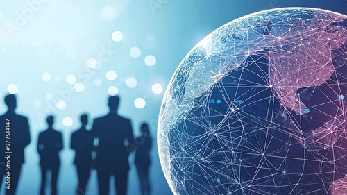 futuristic 3D illustration showcasing globe intertwined with data streams, silhouettes of business professionals standing around it, emphasizing the importance of global data analy photo