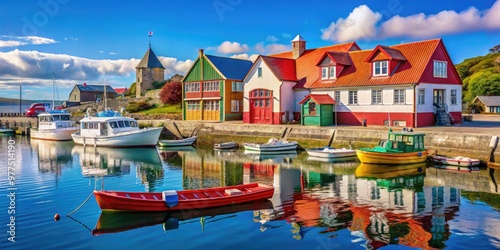 Vibrant colorful waterfront scene in Port Stanley, Falkland Islands, featuring quaint colonial-style buildings, fishing boats, and British-red phone booths along the picturesque harbor. photo