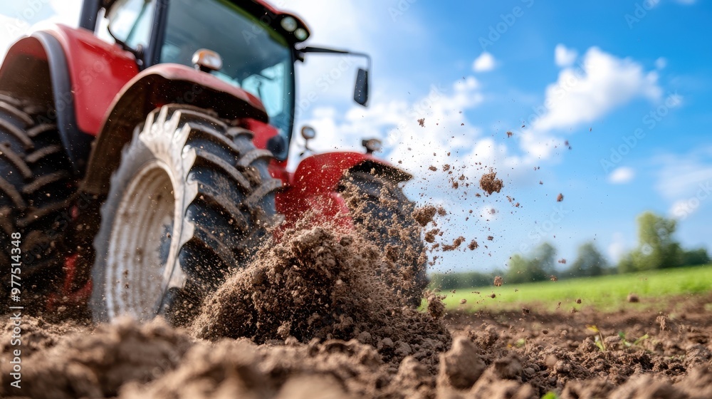 A powerful red tractor is vividly captured in mid-action, plowing through a muddy field with soil flying, exemplifying the hard work of farming on a sunny day.