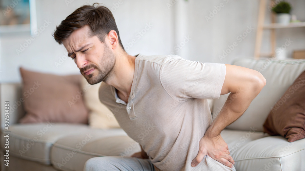 Man with back pain sitting on couch and holding lower back at home Man with back pain sitting on couch and holding lower back at home