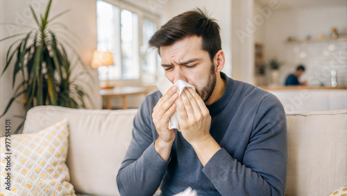 Sick man sneezing into tissue while sitting at home during flu season