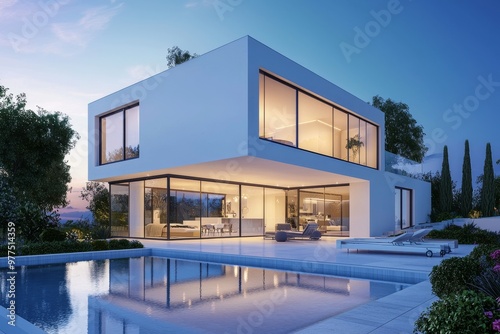 Luxury ultra modern villa with large glass windows at night. Stock photo.