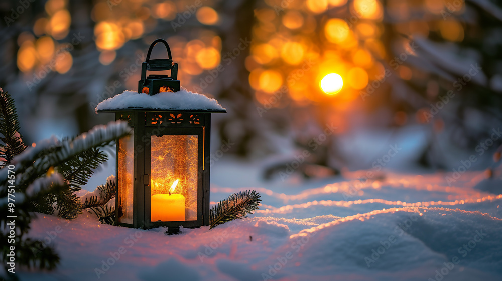 A glowing lantern with a candle sits on snow during a serene winter sunset
