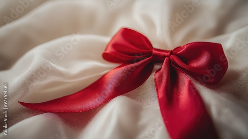 A close-up of a red ribbon tied into a neat bow, placed on a soft fabric background with soft lighting. Focus on the bow. No people.