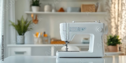 A modern white sewing machine on a clean tabletop, surrounded by a cozy sewing workspace with plants and accessories.