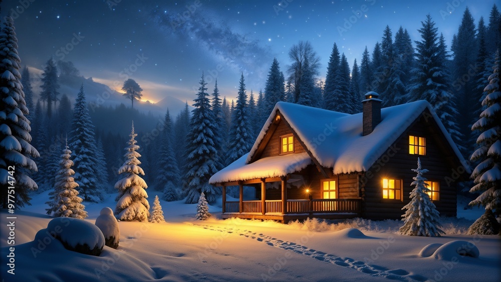 Fototapeta premium Cozy Winter Cabin in Snowy Forest at Night, Warm Light Glowing from Windows