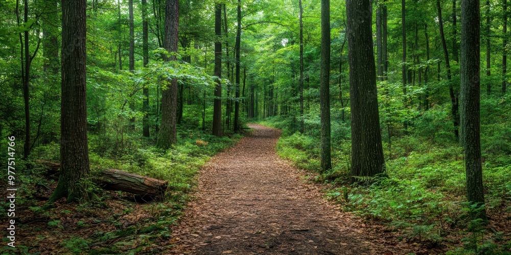 Obraz premium A peaceful forest path winding through lush greenery, perfect for nature walks, hiking, and outdoor exploration.
