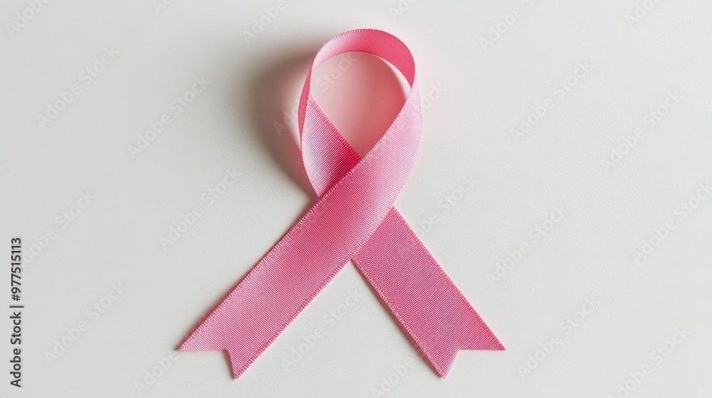 A flat pink ribbon symbol for breast cancer awareness lying on a solid white background, softly illuminated. Focus on the ribbon. No people. A flat pink ribbon symbol for breast cancer awareness lying on a solid white background, softly illuminated. Focus on the ribbon. No people.