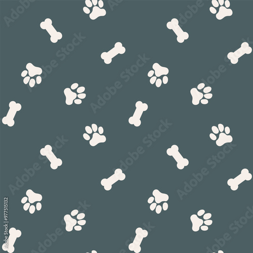 Dog paw and bone seamless vector pattern background. Fun scattered high contrast canine backdrop with bones. Teal white animal repeat for doggie and pet products. Small elements all over print.