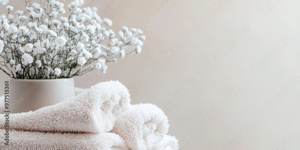 A serene bathroom setting with neatly stacked towels and a delicate flower arrangement in a minimalist vase.