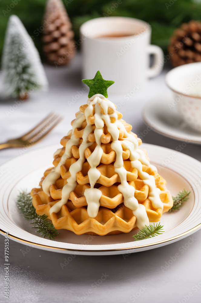 Christmas Tree Waffles with white custard cream stacked on a white plate, topped with a green star-shaped candy and garnished with small pine branches. Festive, Christmas-themed dessert. Vertical. Christmas Tree Waffles with white custard cream stacked on a white plate, topped with a green star-shaped candy and garnished with small pine branches. Festive, Christmas-themed dessert. Vertical.