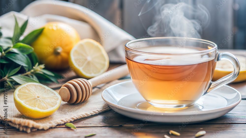 Cup of hot tea with lemon and honey on wooden table for cold relief Cup of hot tea with lemon and honey on wooden table for cold relief