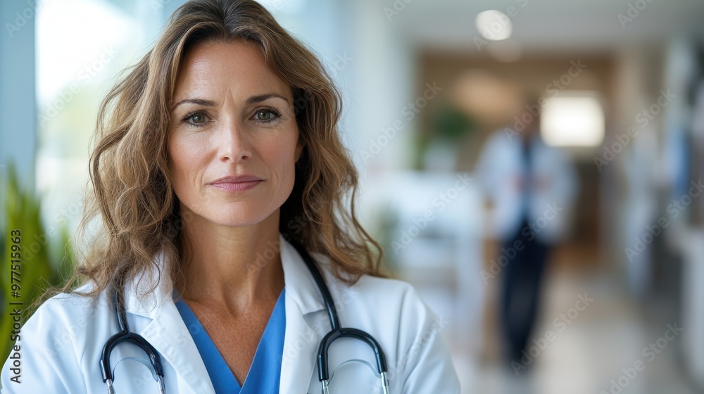 A confident female doctor with wavy hair and a stethoscope stands in a clinic environment, representing strength, competence, and empathy in medical practice. A confident female doctor with wavy hair and a stethoscope stands in a clinic environment, representing strength, competence, and empathy in medical practice.