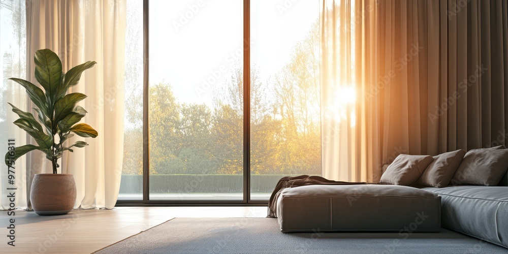 Fototapeta premium A serene living room with sunlight streaming through large windows, featuring a cozy sofa and a decorative plant.