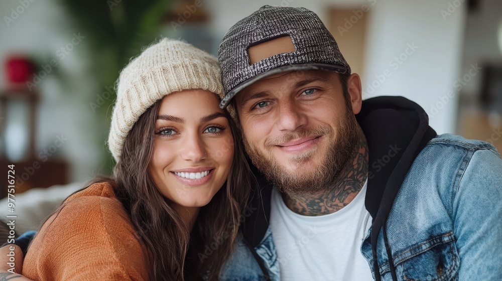 A cheerful couple dressed in casual winter attire smiles brightly indoors, reflecting warmth and loving companionship amidst a stylish, cozy home environment. A cheerful couple dressed in casual winter attire smiles brightly indoors, reflecting warmth and loving companionship amidst a stylish, cozy home environment.