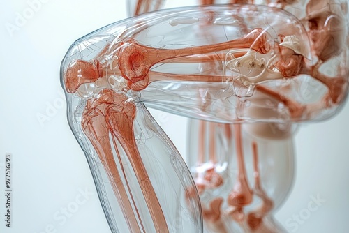 Translucent 3D model of a human skeleton, close-up focus on the knee joint photo