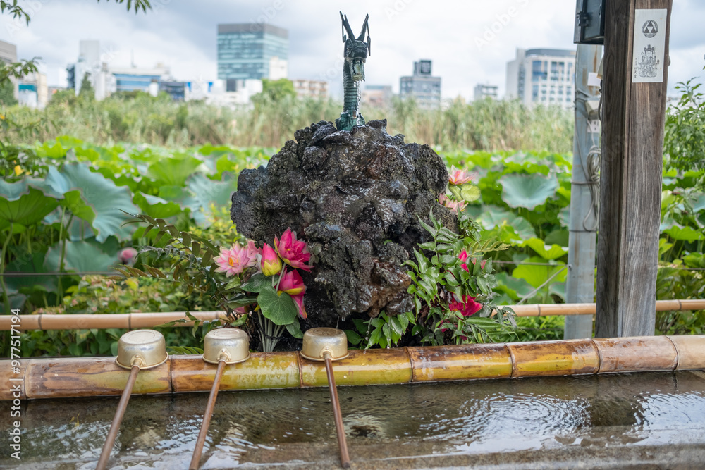 Washing pond at Shinobazunoike Bentendo Temple, is a Buddhist temple dedicated to the goddess Benzaiten. The temple stands on an island in the middle of Shinobazu