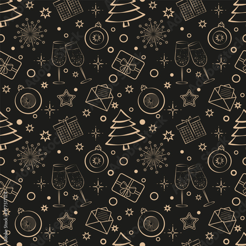 Seamless pattern of golden Christmas symbols on a black background Christmas tree stars fireworks Christmas ball champagne