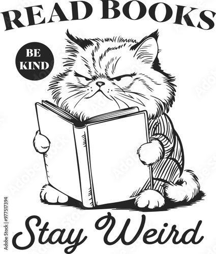 Read Book Be Kind Stay Weird Design for Shirt, Funny Persian Cat is Reading Book, Bookish Reader SVG Quote