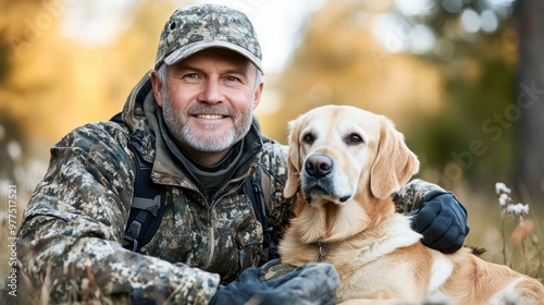 An outdoorsman dressed in camo sits with his golden retriever in a wilderness area. Both are posing for the photo, enjoying the crisp outdoor environment.
