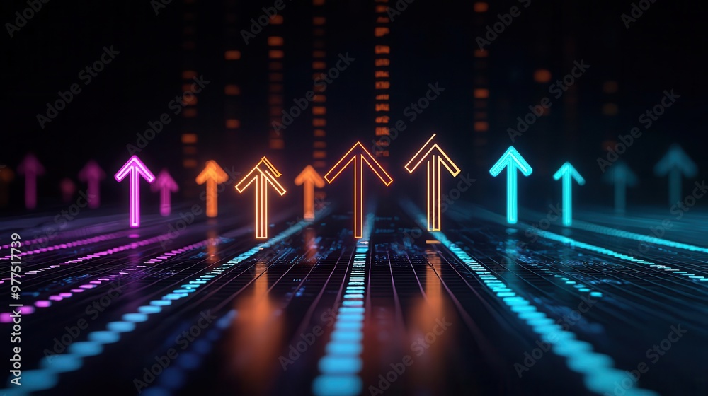 A series of glowing upward arrows rising from a financial landscape, symbolizing capital forecasts, surrounded by neon data streams and trends A series of glowing upward arrows rising from a financial landscape, symbolizing capital forecasts, surrounded by neon data streams and trends