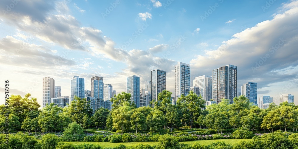 Fototapeta premium A stunning skyline view featuring modern buildings surrounded by vibrant greenery and a bright blue sky.