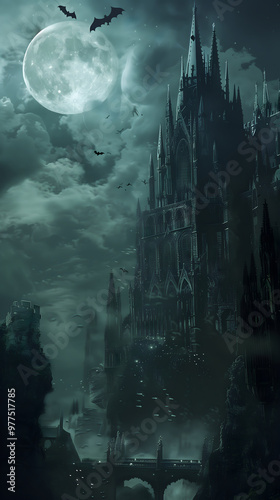 Dark Gothic Castle Under Full Moon with Bats