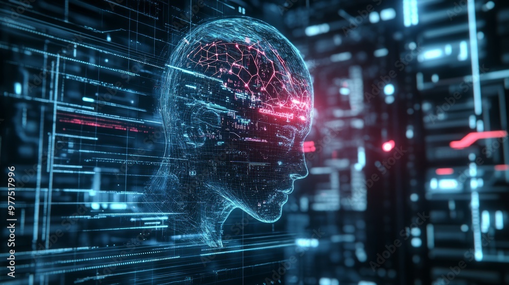 Obraz premium Virtual Holographic Display, 3D artificial intelligence, human shape and brain