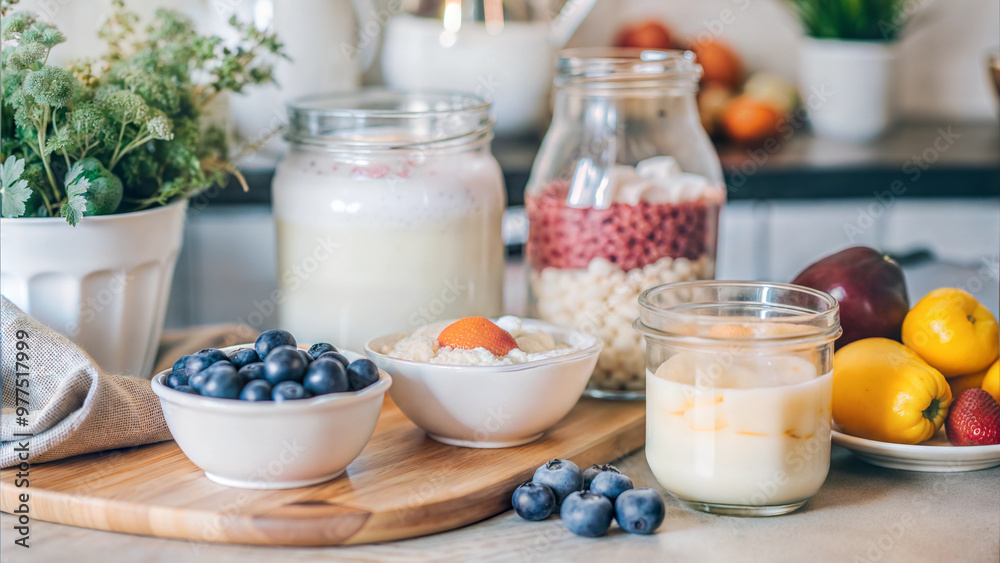 Healthy breakfast with fresh fruits, yogurt, granola, and nuts on a wooden table in a kitchen Healthy breakfast with fresh fruits, yogurt, granola, and nuts on a wooden table in a kitchen