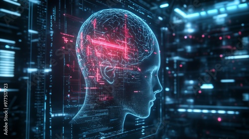 Virtual Holographic Display, 3D artificial intelligence, human shape and brain 