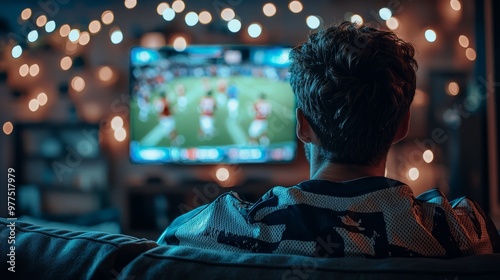 Person watching a football game on TV with festive decorations, great for sports, entertainment, and holiday-themed content.