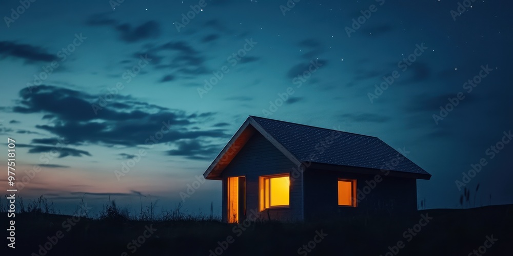 A tranquil house glows warmly against a serene twilight sky, perfect for evoking feelings of comfort and solitude. A tranquil house glows warmly against a serene twilight sky, perfect for evoking feelings of comfort and solitude.