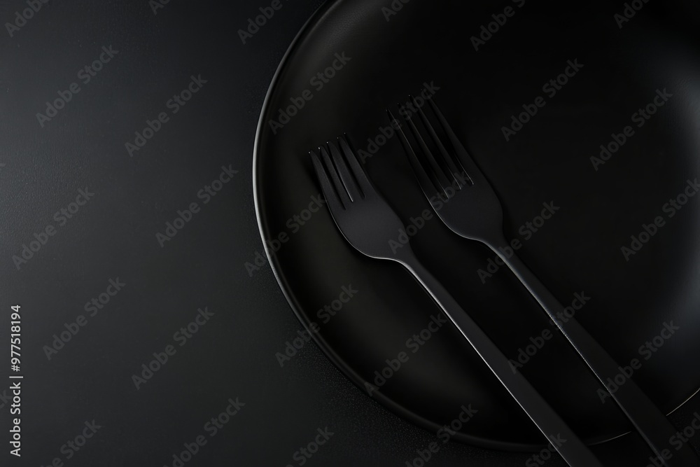 A plate, knife, and fork are displayed on a minimal table on a concrete background A plate, knife, and fork are displayed on a minimal table on a concrete background