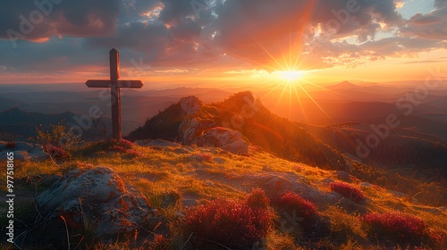 Capturesun a rise behind the cross on the moutains. AI generated