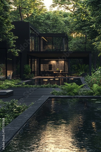 A modern outdoor pool area with a forest and details, a cool minimal kitchen, and generative AI.