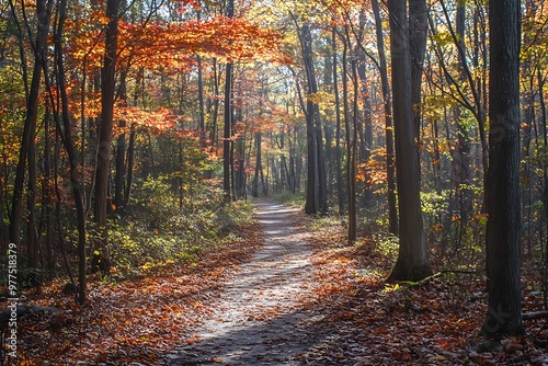 Sun shining on a trail covered with fallen leaves in autumn