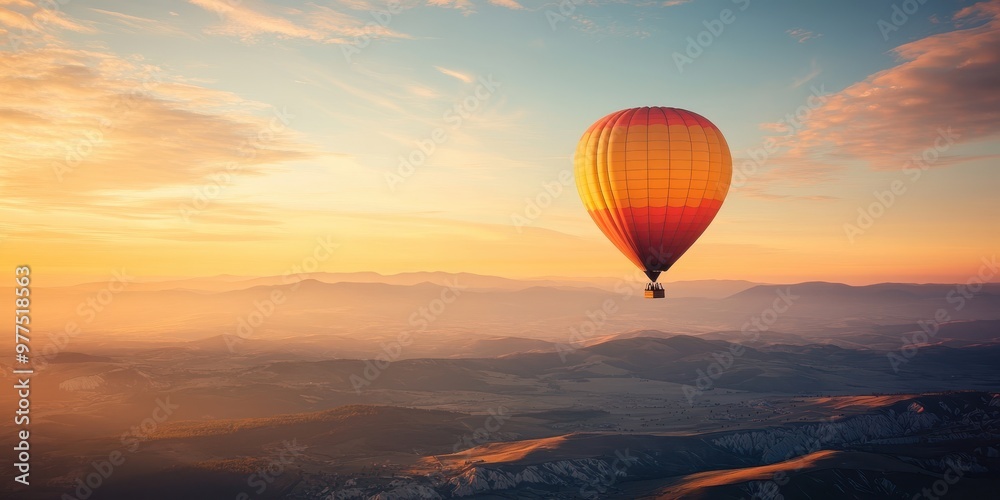 A vibrant hot air balloon floats gracefully in the sunset sky, surrounded by serene mountains and lush landscape. A vibrant hot air balloon floats gracefully in the sunset sky, surrounded by serene mountains and lush landscape.